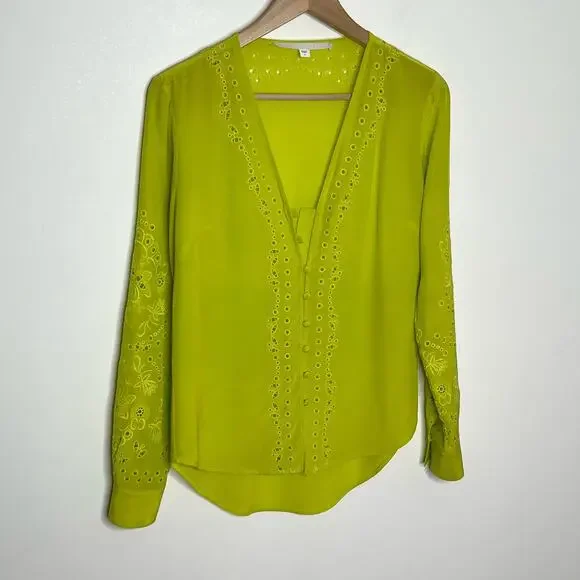 Veronica Beard Womens Long Sleeve Silk Blouse 0 Green Floral Embroidered V Neck - Picture 3 of 16